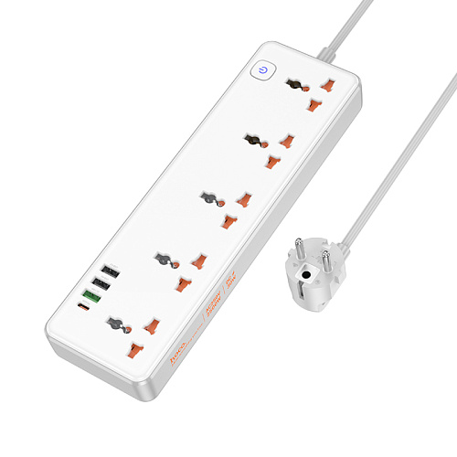 Сетевой фильтр на 5 розеток+3 USB+1 PD, 1.5м, AC14A, HOCO, белый