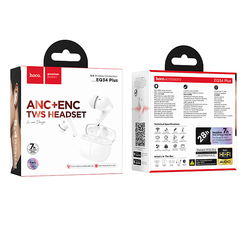 Беспроводные наушники EQ34 Plus , HOCO, вакуумные, шумоподавление, поддержка приложения, белый