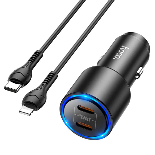 Автомобильное зарядное устройство, 2 PD QC3.0 40W (NZ3), HOCO, кабель Type-C to Lightning, черный