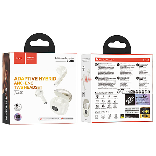 Беспроводные наушники EQ18, HOCO, с экраном, молочно-белый