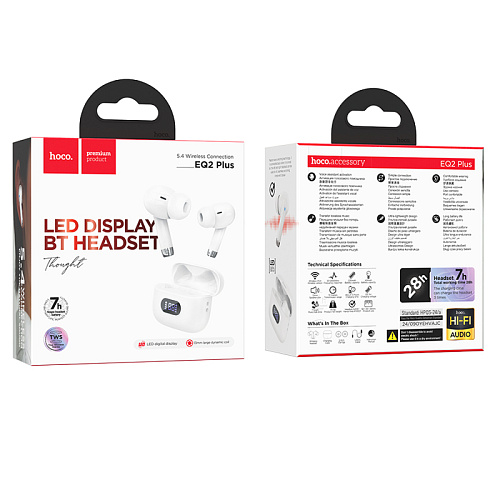 Беспроводные наушники EQ2 Plus, HOCO, вакуумные, с дисплеем, белые