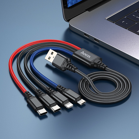 USB дата кабель Lightning+Micro+Type-C+Type-C, X76, HOCO, черный, красный, синий