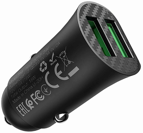 Автомобильное зарядное устройство, 2 USB 3.0 QC (Z39), 18W, HOCO, черный