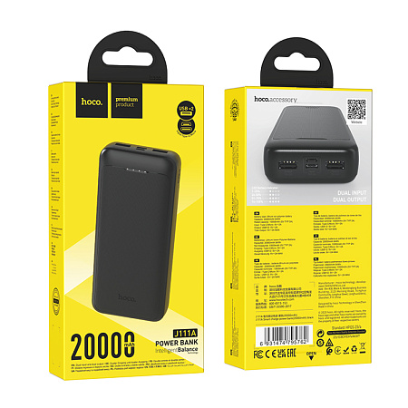 Универсальный Доп. Аккумулятор 20000mAh, J111A, HOCO, выход: 2 USB: 5V/2, черный