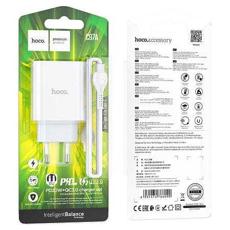 Сетевое зарядное устройство, 1 PD 20W + 1 USB 3.0 QC (C97A), HOCO, Type-C to Type-C, белый