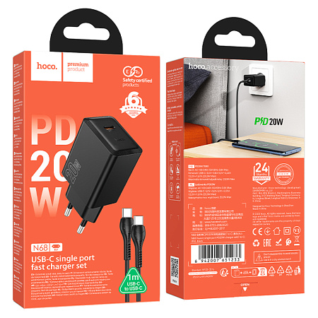 Сетевое зарядное устройство, 1 PD 20W (N68), HOCO, Type-C to Type-C, черный