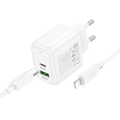 Сетевое зарядное устройство, 1 PD 30W + 1 USB 3.0 QC (CS55A), HOCO, Type-C to Lightning, белый