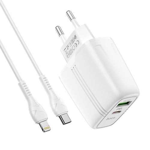 Сетевое зарядное устройство, 1 PD 20W + 1 USB 3.0 QC (N11), HOCO, Безопасный сертификат, Type-C to Lightning, белая