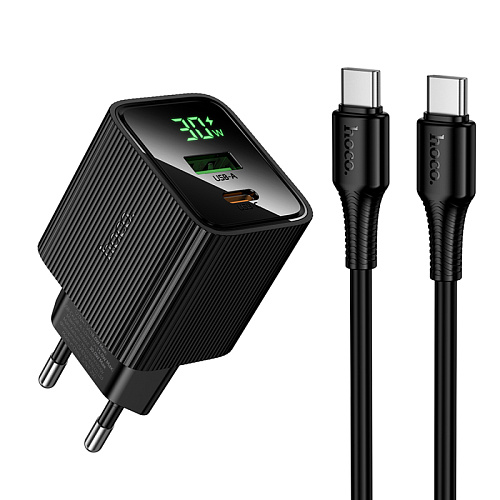 Сетевое зарядное устройство, 1 PD 30W + 1 USB 3.0 QC (CS84A), HOCO, Type-C to Type-C, с дисплеем, черный