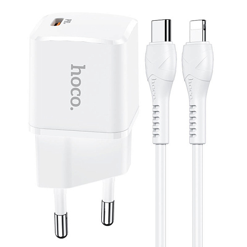 Сетевое зарядное устройство, 1 PD 20W + 1 USB 3.0 QC (N10), HOCO, Type-C to Lightning, mini, Умная зарядка, белый