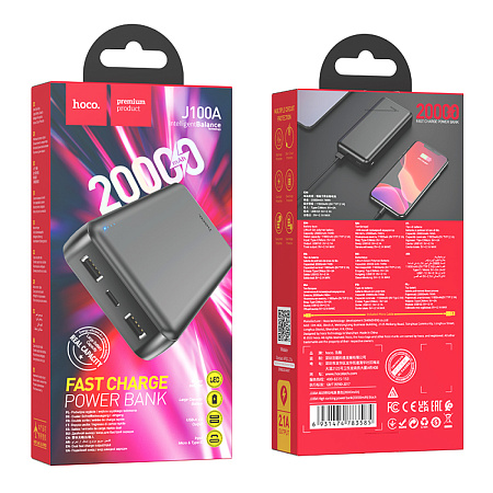 Универсальный Доп. Аккумулятор 20000mAh, J100A, HOCO, выход: 2 USB (5V/2A), черный