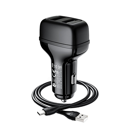 Автомобильное зарядное устройство, 2 USB 2.4A (Z36), usb cable Type-C, HOCO, черный