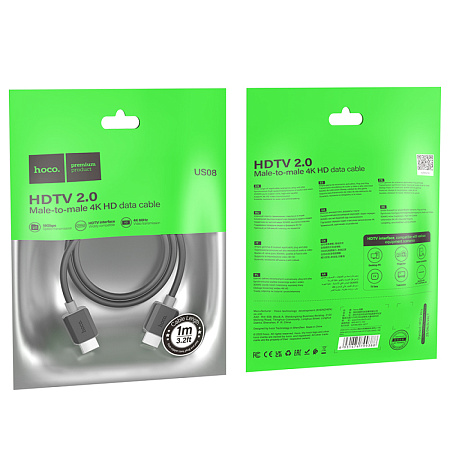 HDMI кабель, HOCO, US08, HDTV 2.0, 4K HD, 1м, черный
