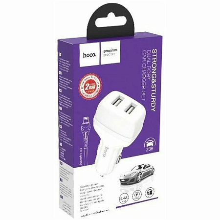 Автомобильное зарядное устройство, 2 USB 2.4A (Z36), usb cable lightning, HOCO, белый