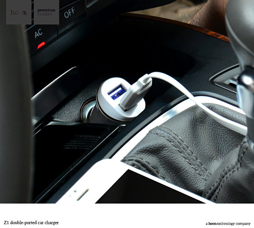 Автомобильное зарядное устройство, 2 USB 2.1A (Z1), usb cable lightning, HOCO, белый