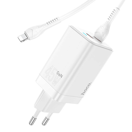 Сетевое зарядное устройство, 2 PD 45W (N23), HOCO, Type-C to Lightning, Безопасный сертификат, белый