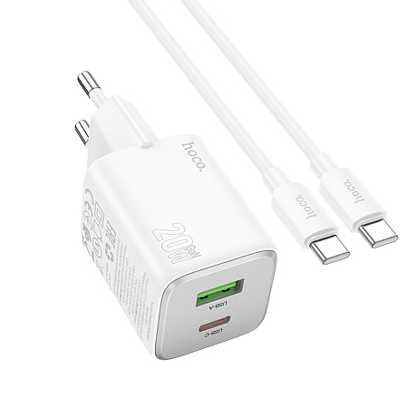 Сетевое зарядное устройство, 1 PD 20W + 1 USB 3.0 QC (N41), HOCO, Type-C to Type-C, белый