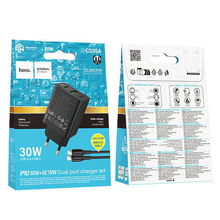 Сетевое зарядное устройство, 1 PD 30W + 1 USB 3.0 QC (CS95A), HOCO, Type-C to Type-C, черный