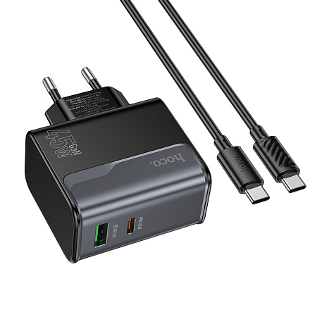 Сетевое зарядное устройство, 1 PD 45W + 1 USB 3.0 QC (CS74A), HOCO, Type-C to Type-C, черный