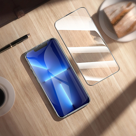 Защитное стекло на iPhone 13 (6.1)/13 Pro/14/16e, A34, HOCO, 9D large arc dustproof glass, черное