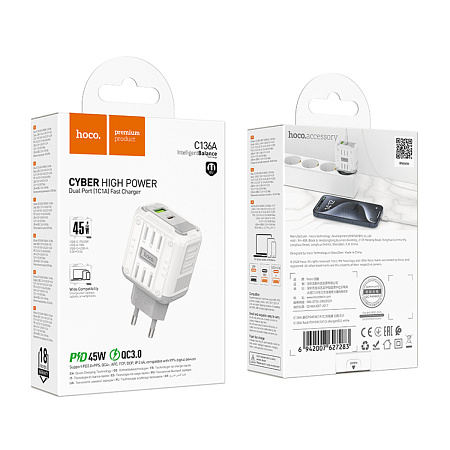 Сетевое зарядное устройство, 1 PD 45W + 1 USB 3.0 QC (C136A), HOCO, белый