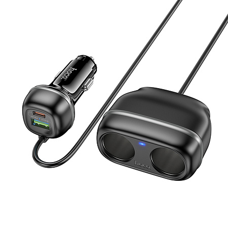 Разветвитель прикуривателя на 1 USB QC3.0 18W + 1 PD 30W + 2 прикуривателя на проводе Z59, черный