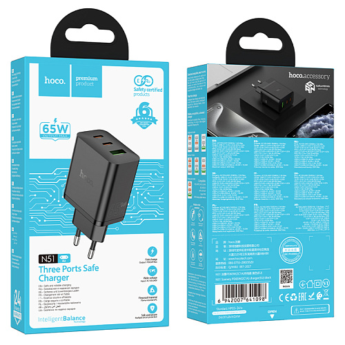 Сетевое зарядное устройство, 2 PD 65W + 1 USB 3.0 QC (N51), HOCO, черный