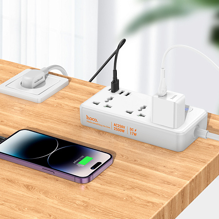 Сетевой фильтр на 3 розетки, 3 USB,  1 PD, 1.5м, AC7A, HOCO, белый