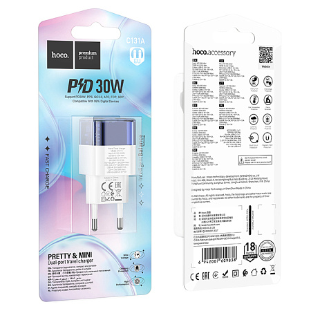 Сетевое зарядное устройство, 1 PD 30W + 1 USB 3.0 QC (C131A), HOCO, прозрачный с синим