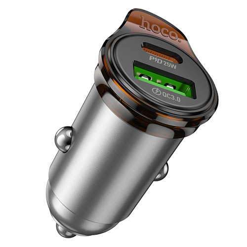 Автомобильное зарядное устройство, 1 USB QC3.0 18W, 1 PD 25W (NZ16A), HOCO, серый