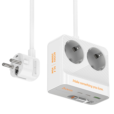 Сетевой фильтр на 2 розетки +1 USB+2 PD, кабель Type-C, 2м, AC28, HOCO, белый