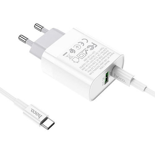 Сетевое зарядное устройство, 1 PD 20W + 1 USB 3.0 QC (C80A), HOCO, Type-C to Type-C, белый