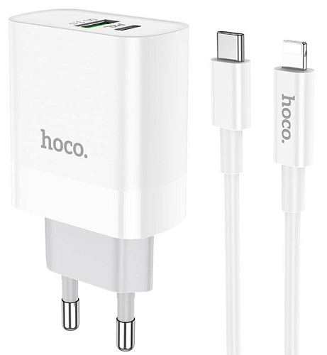 Сетевое зарядное устройство, 1 PD 20W + 1 USB 3.0 QC (C80A), HOCO, Type-C to Lightning, белый