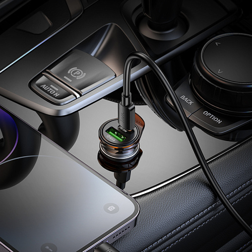 Автомобильное зарядное устройство, 1 USB QC3.0 18W, 1 PD 25W (NZ16A), HOCO, Type-C to Lightning, серый