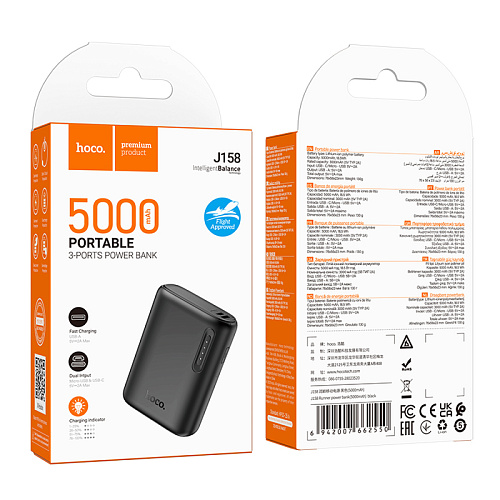Универсальный Доп. Аккумулятор 5000mAh, J158, HOCO, выход: 1 USB: 5V/2, черный