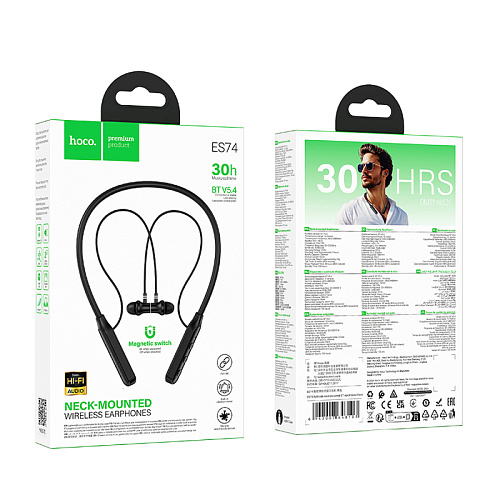 Беспроводные наушники ES74, HOCO, спортивные наушники с шейным ободком, черный