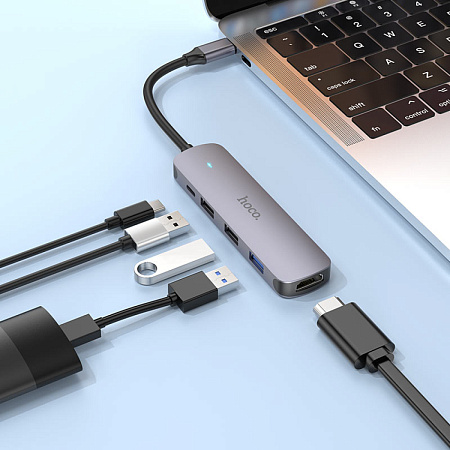 USB Хаб (HB27) c 1 Type-C на 1 USB 3.0 + 2 USB 2.0+USB-C+HDMI, HOCO, металлический серый