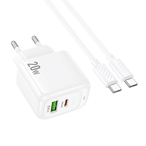 Сетевое зарядное устройство, 1 PD 20W + 1 USB 3.0 QC (CS54A), HOCO, Type-C to Type-C, белый