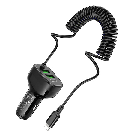 Автомобильное зарядное устройство, 2 USB QC3.0 18W, 1 PD 30W (NZ11A), HOCO, кабель Lightning, черный
