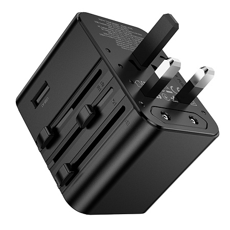 Переходник на розетку (все виды), 2 PD+2 USB, AC30, HOCO, черный