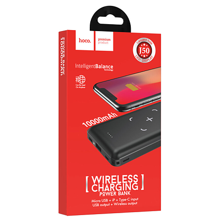 Универсальный Доп. Аккумулятор 10000mAh, J50, HOCO, c беспроводной зарядкой черный