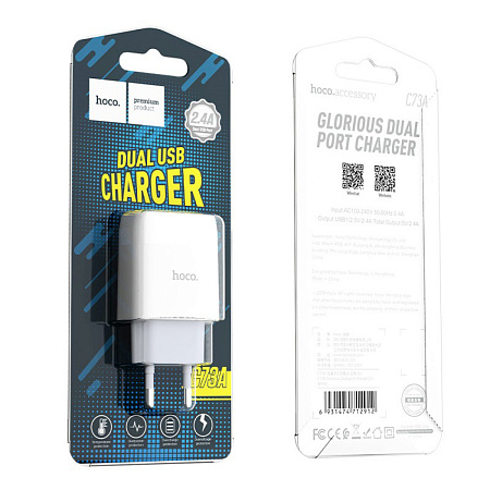 Сетевое зарядное устройство, 2 USB 2.4A (C73A), HOCO, белый