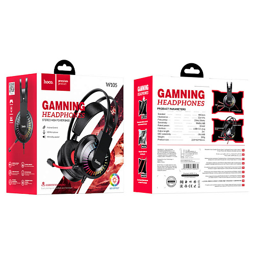 Проводные наушники W105, HOCO, игровые с микрофоном, красные