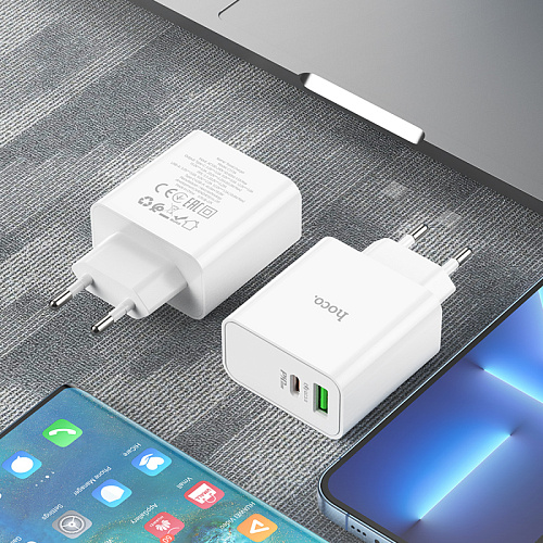 Сетевое зарядное устройство, 1 PD 65W + 1 USB 18W (C113A), HOCO, белый