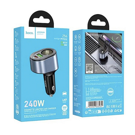 Разветвитель прикуривателя на 1 USB QC3.0 30W + 1 PD 35W + 1 прикуриватель Z56, черный