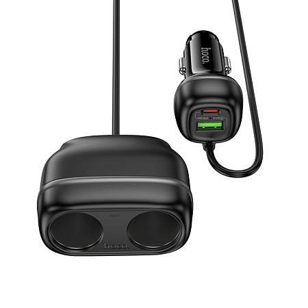 Разветвитель прикуривателя на 1 USB QC3.0 18W + 1 PD 30W + 2 прикуривателя на проводе Z59, черный