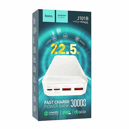 Универсальный Доп. Аккумулятор 30000mAh, J101B, HOCO, выход: 2 USB (22.5W)+1 PD (20W), белый