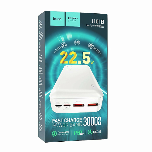 Универсальный Доп. Аккумулятор 30000mAh, J101B, HOCO, выход: 2 USB (22.5W)+1 PD (20W), белый