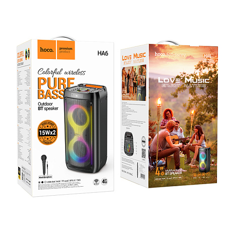 Колонка HA6, +1 проводной микрофон, Danny outdoor BT speaker, HOCO, черная