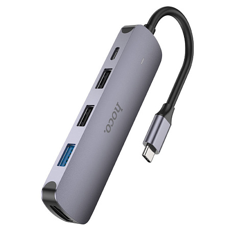 USB Хаб (HB27) c 1 Type-C на 1 USB 3.0 + 2 USB 2.0+USB-C+HDMI, HOCO, металлический серый